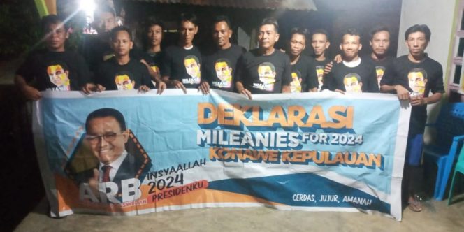 
					Terbaru sekelompok anak muda di Kabupaten Konawe Kepulauan, Sulawesi Tenggara, bergabung menjadi relawan Milenial Anies (Mileanies) dan mendeklarasikan dukungan mereka kepada Anies Baswedan hingga terpilih menjadi Presiden Republik Indonesia 2024-2029.