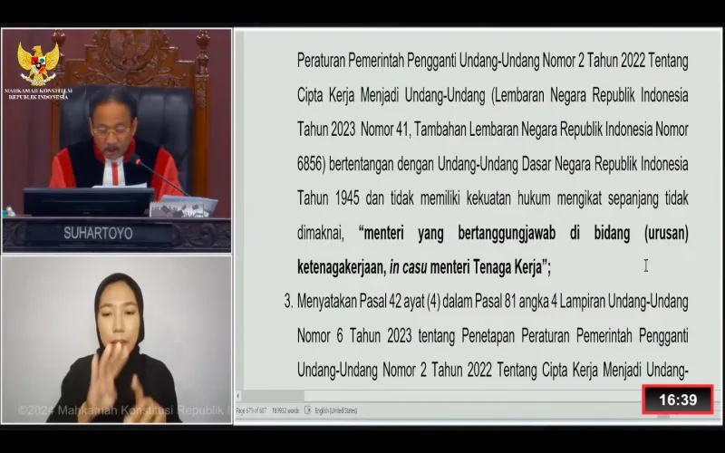 Pembacaan Sidang Pengucapan Putusan/Ketetapan, Kamis, 31 Oktober 2024 (YouTube Mahkamah Konstitusi RI)
