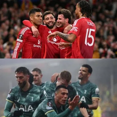 Pemain-pemain Manchester United (atas) dan Tottenham Hotspur (bawah) saat merayakan kesuksesannya mewujudkan All English Final dalam final Liga Europa musim ini. (Foto: Reuters/The Guardian)