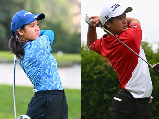 Calista Allegra Dewantara (kanan) dan Jonathan Manuel Wijanto (kiri) saat beraksi dalam ajang Singapore Junior Golf.Championship 2025. (Foto: SJGC 2025)