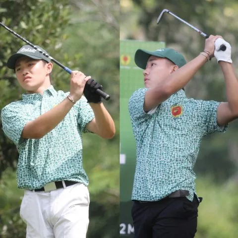 Dua golfer andalan Kota Surabaya, William Justin Wijaya (kiri) dan Nathan Christoper Widjaya (kanan) yang langsung tancap gas dalam hari pertama cabor golf Porprov Jatim 2025 di Araya Golf Course, Malang, Senin (23/6). (Foto: Pengprov PGI Jatim)