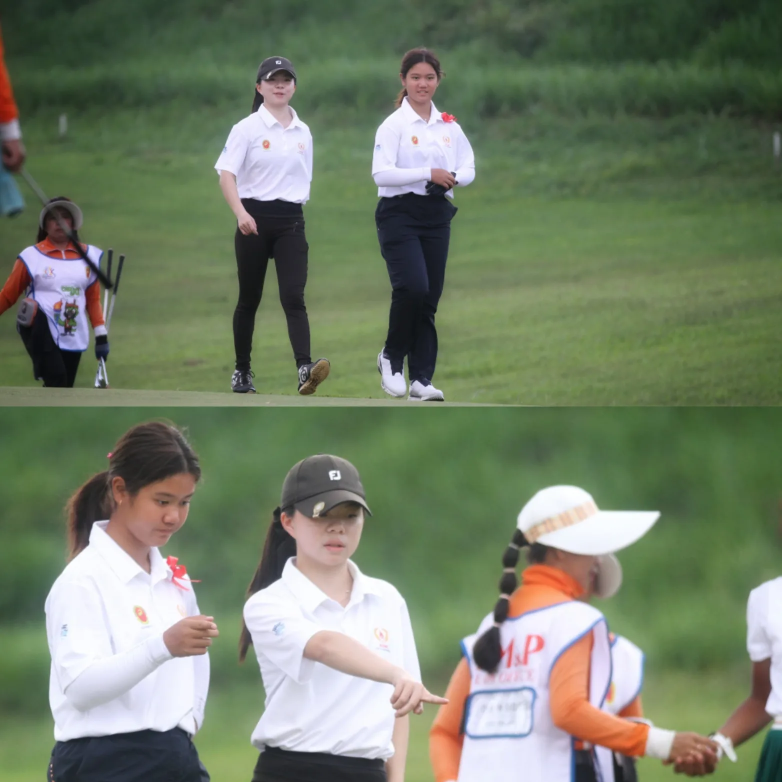 Aksi Calista Allegra Dewantara dan Phoebe Gani dalam hari pertama nomor foursome putra Porprov IX Jatim 2025. (Foto: PGI Jatim)