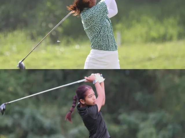 Calista Allegra Dewantara (atas) dan Queen Shine Gracella (bawah), saat bertarung dalam cabor golf Pekan Olahraga Provinsi (Porprov) IX Jatim 2025. (Foto: PGI Jatim)