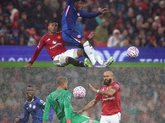 Pelanggaran Casemiro yang berbuah kartu merah (atas) dan pelanggaran Robert Sanchez yang berbuah kartu merah (bawah) saat Manchester United mengalahkan Chelsea 2-1 (20/9). (Foto: Daily Mirror/Instagram)