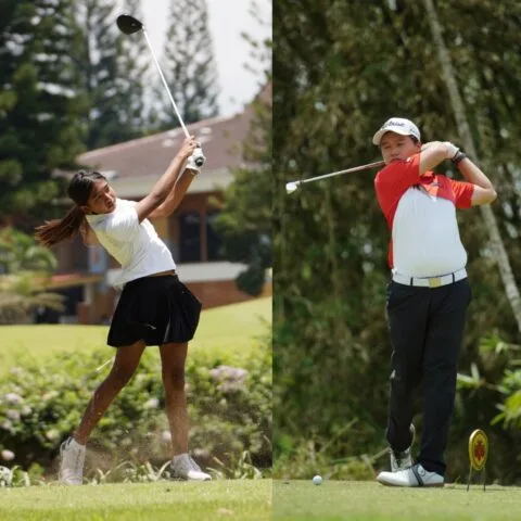 Queen Shine Gracella (kiri) dan Jonathan Manuel Wijanto memukul bola dalam turnamen golf Kraton Cup 2025 di Merapi Golf Course, 15-17 Oktober lalu. (Foto: Istimewa)